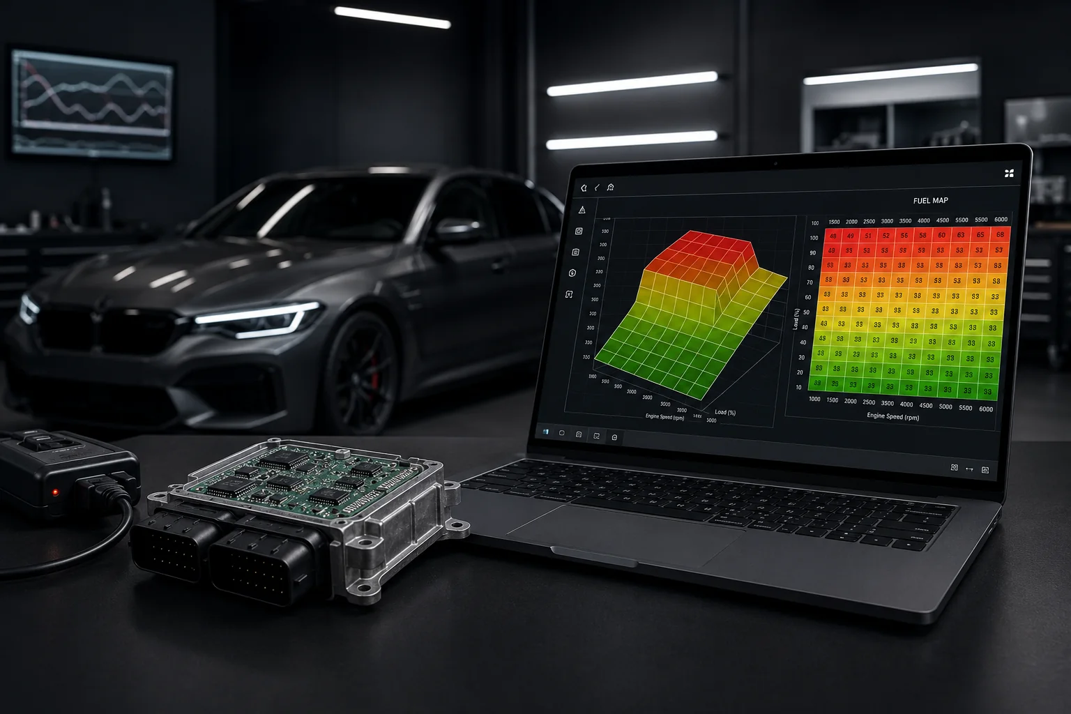 Steuergerät und Diagnose-Laptop bei der Softwareoptimierung