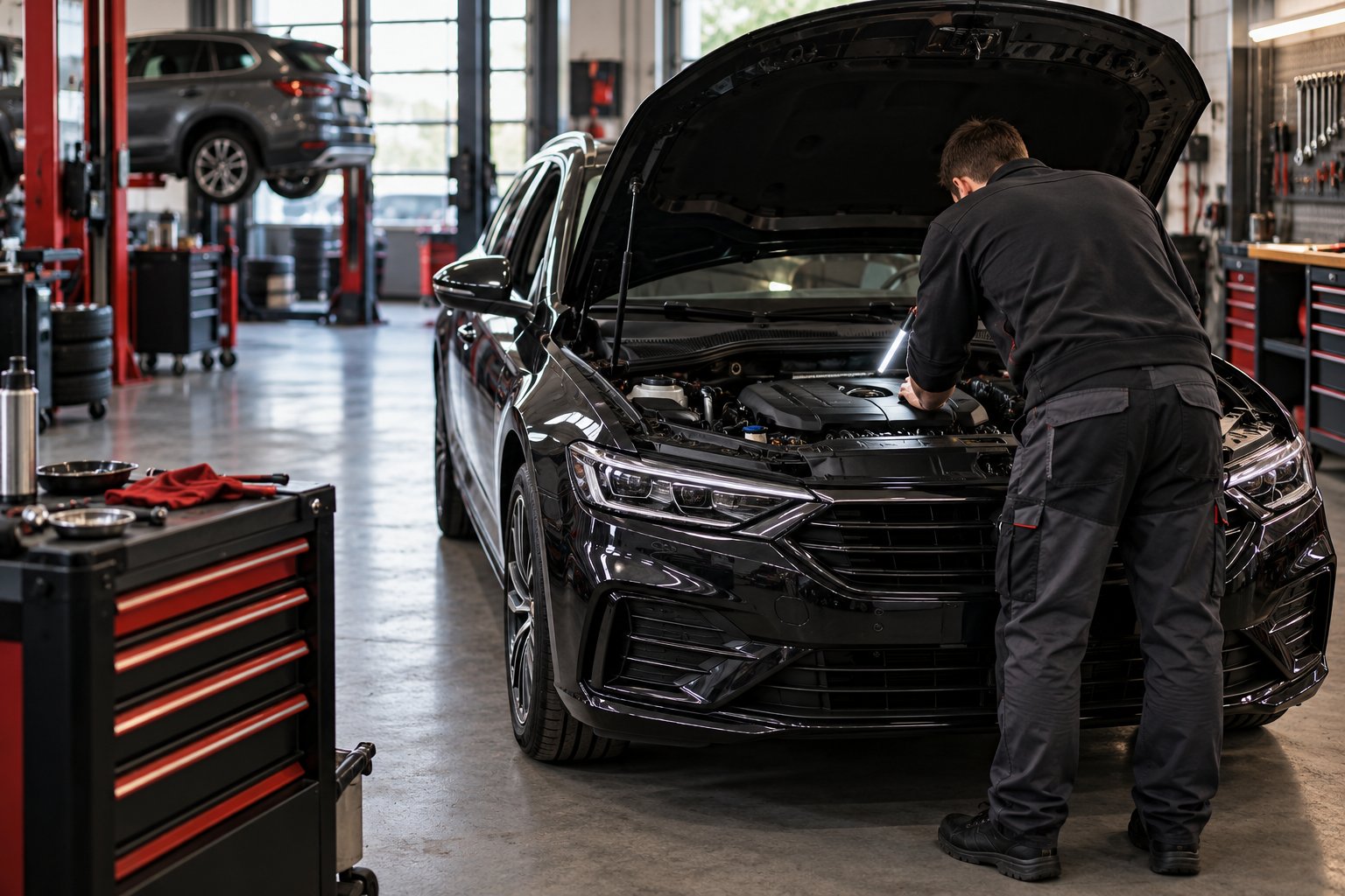 Symbolbild: technische Prüfung im Motorraum einer Werkstatt